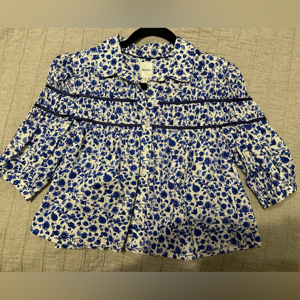 Maeve White Blouse with Blue Floral Print